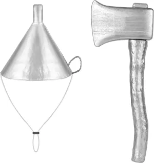 2 PCS Silver Funnel Hat Axe Set,Halloween Tin Costume Accessories for Adult,Kids Cosplay Party