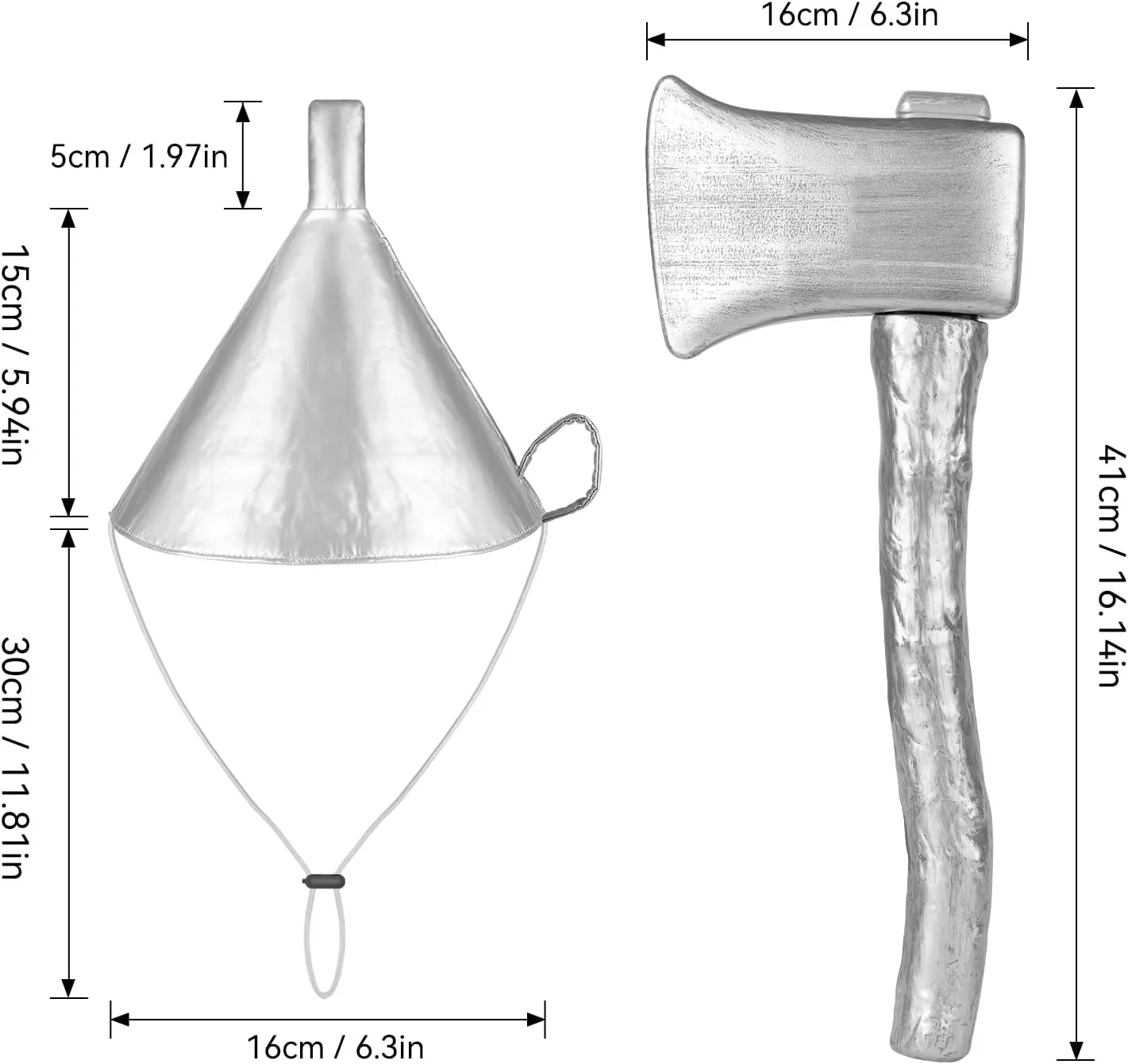 2 PCS Silver Funnel Hat Axe Set,Halloween Tin Costume Accessories for Adult,Kids Cosplay Party