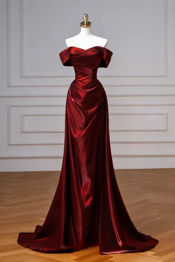 A Line Off Shoulder Satin Burgundy Long Prom Dress, Long Evening Dress KPP2156