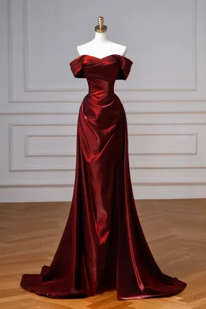 A Line Off Shoulder Satin Burgundy Long Prom Dress, Long Evening Dress KPP2156