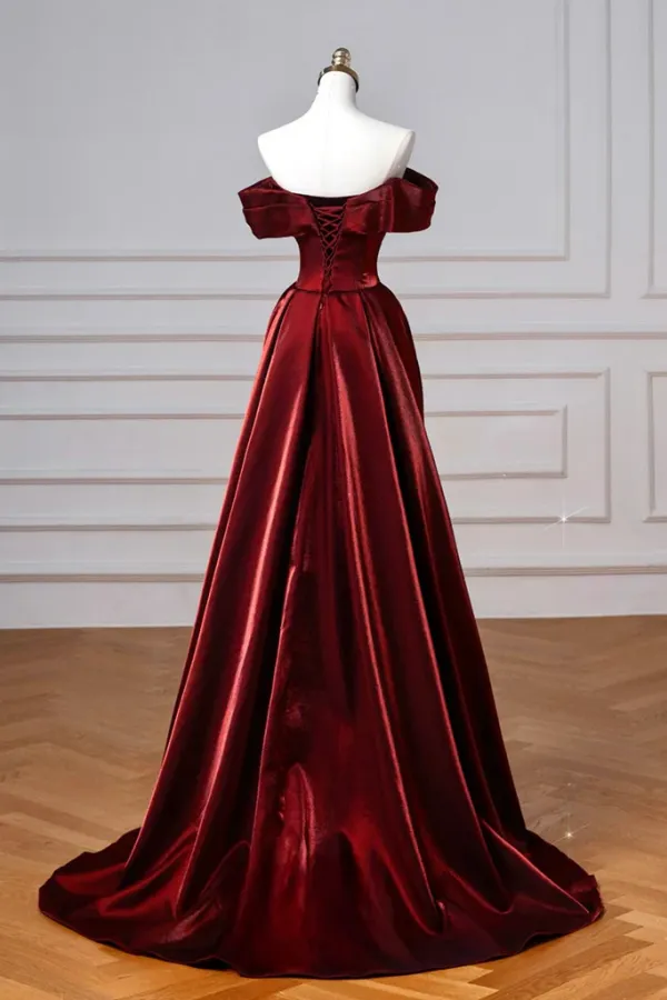 A Line Off Shoulder Satin Burgundy Long Prom Dress, Long Evening Dress KPP2156