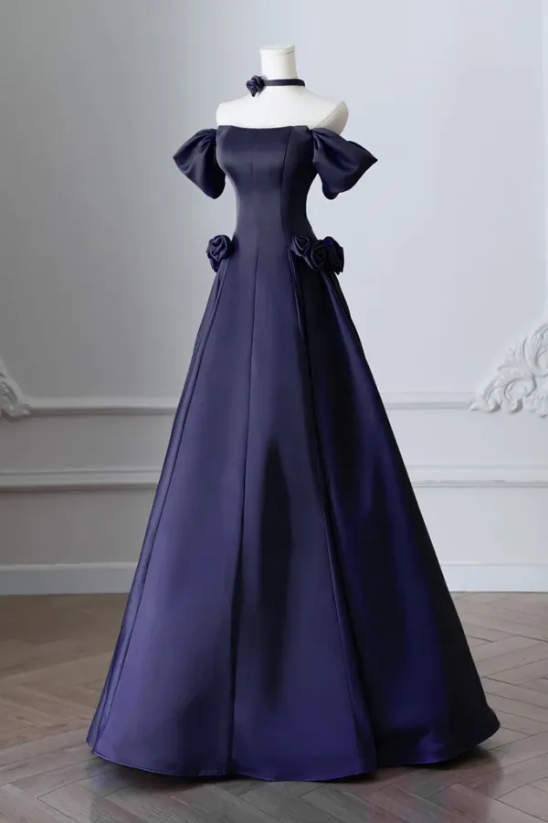 A Line Off Shoulder Satin Dark Blue Long Prom Dress, Long Formal Dress KPP2137