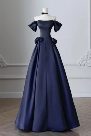 A Line Off Shoulder Satin Dark Blue Long Prom Dress, Long Formal Dress KPP2137