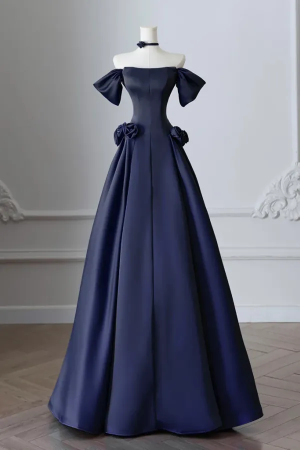 A Line Off Shoulder Satin Dark Blue Long Prom Dress, Long Formal Dress KPP2137
