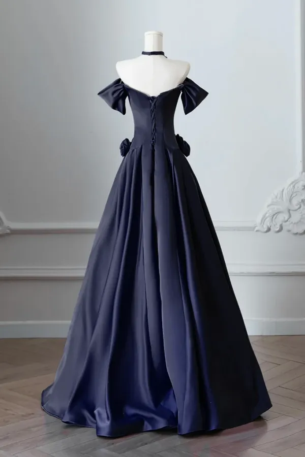 A Line Off Shoulder Satin Dark Blue Long Prom Dress, Long Formal Dress KPP2137