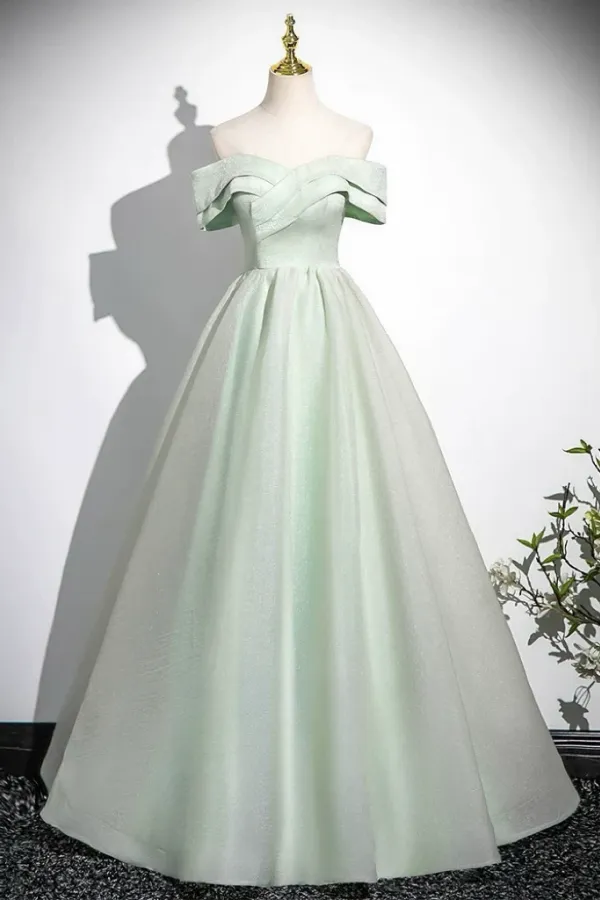 A Line Off Shoulder Tulle Green Long Prom Dress, Green Long Formal Dress KPP2145