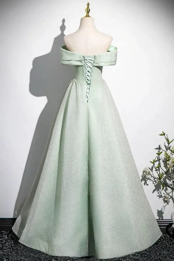 A Line Off Shoulder Tulle Green Long Prom Dress, Green Long Formal Dress KPP2145