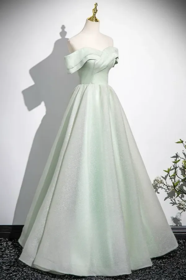 A Line Off Shoulder Tulle Green Long Prom Dress, Green Long Formal Dress KPP2145
