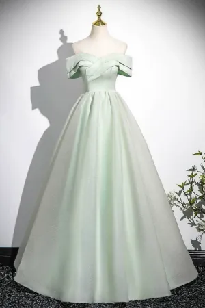 A Line Off Shoulder Tulle Green Long Prom Dress, Green Long Formal Dress KPP2145