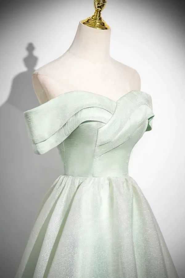 A Line Off Shoulder Tulle Green Long Prom Dress, Green Long Formal Dress KPP2145