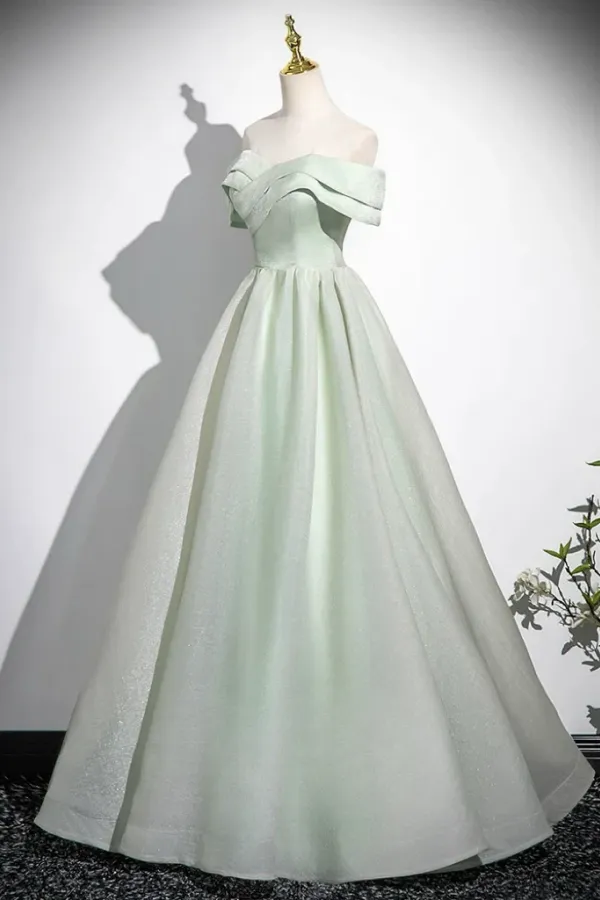 A Line Off Shoulder Tulle Green Long Prom Dress, Green Long Formal Dress KPP2145