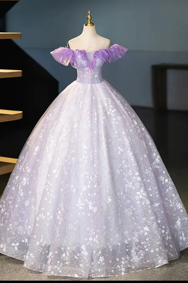 A Line Off Shoulder Tulle Lace Purple Long Prom Dress, Long Formal Dress KPP2174