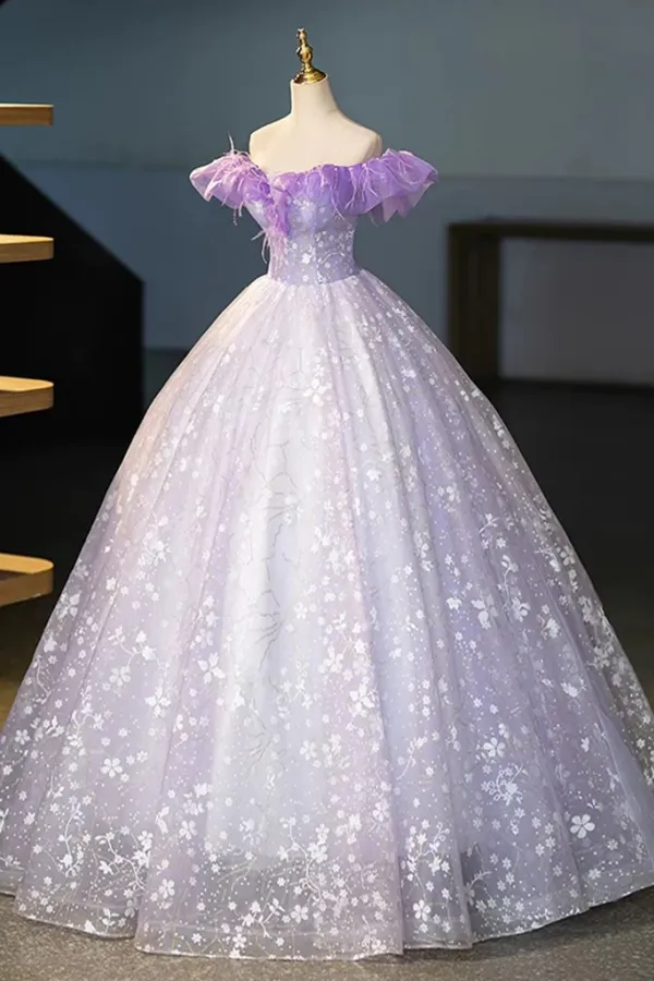 A Line Off Shoulder Tulle Lace Purple Long Prom Dress, Long Formal Dress KPP2174