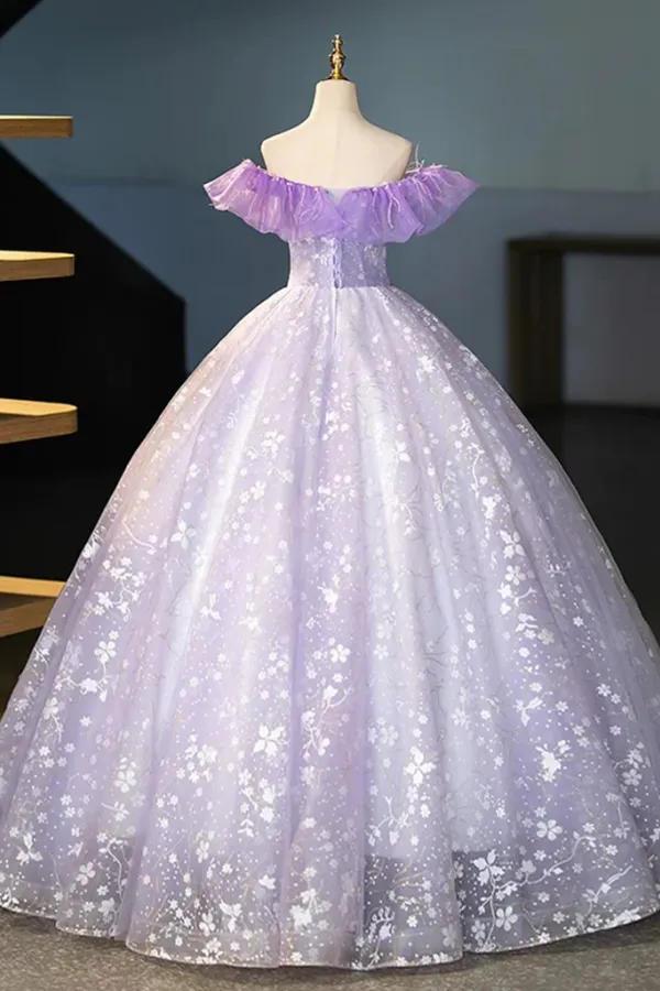 A Line Off Shoulder Tulle Lace Purple Long Prom Dress, Long Formal Dress KPP2174
