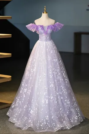 A Line Off Shoulder Tulle Lace Purple Long Prom Dress, Long Formal Dress KPP2174