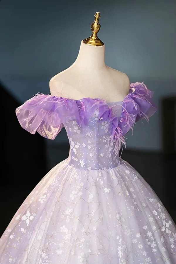 A Line Off Shoulder Tulle Lace Purple Long Prom Dress, Long Formal Dress KPP2174