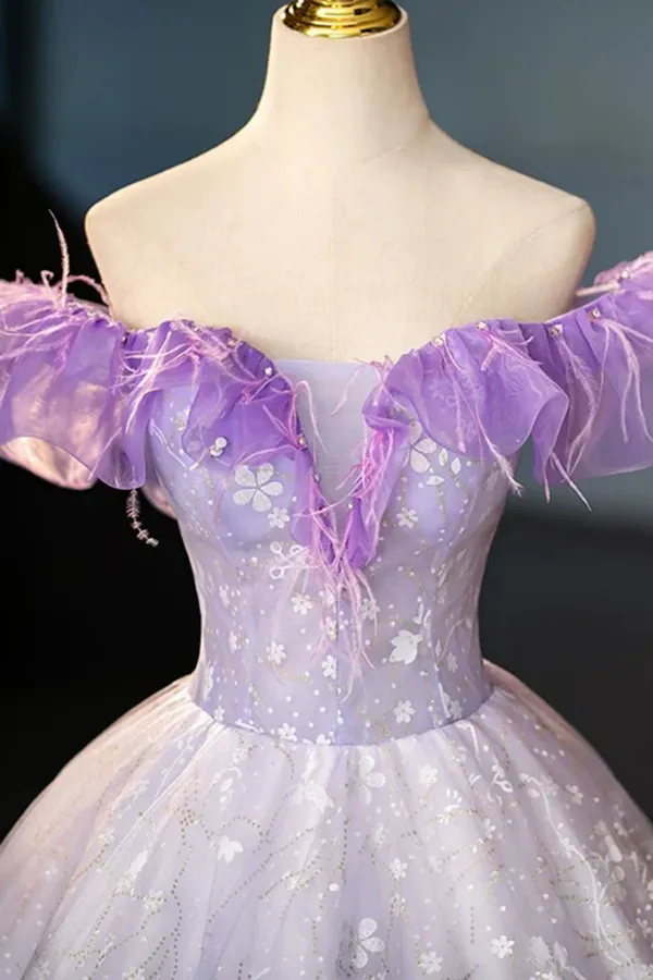 A Line Off Shoulder Tulle Lace Purple Long Prom Dress, Long Formal Dress KPP2174