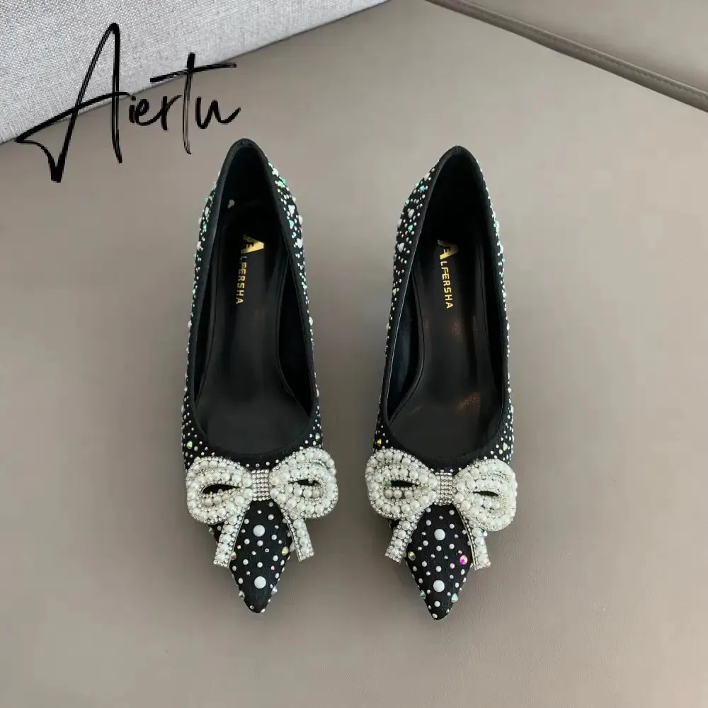 Aiertu  Women Shoes High Heels Thin Heels Slip on Luxury Pumps Mules Elegant Designer Shoes Knot Pointed Toe Fashion Ladies for Wedding