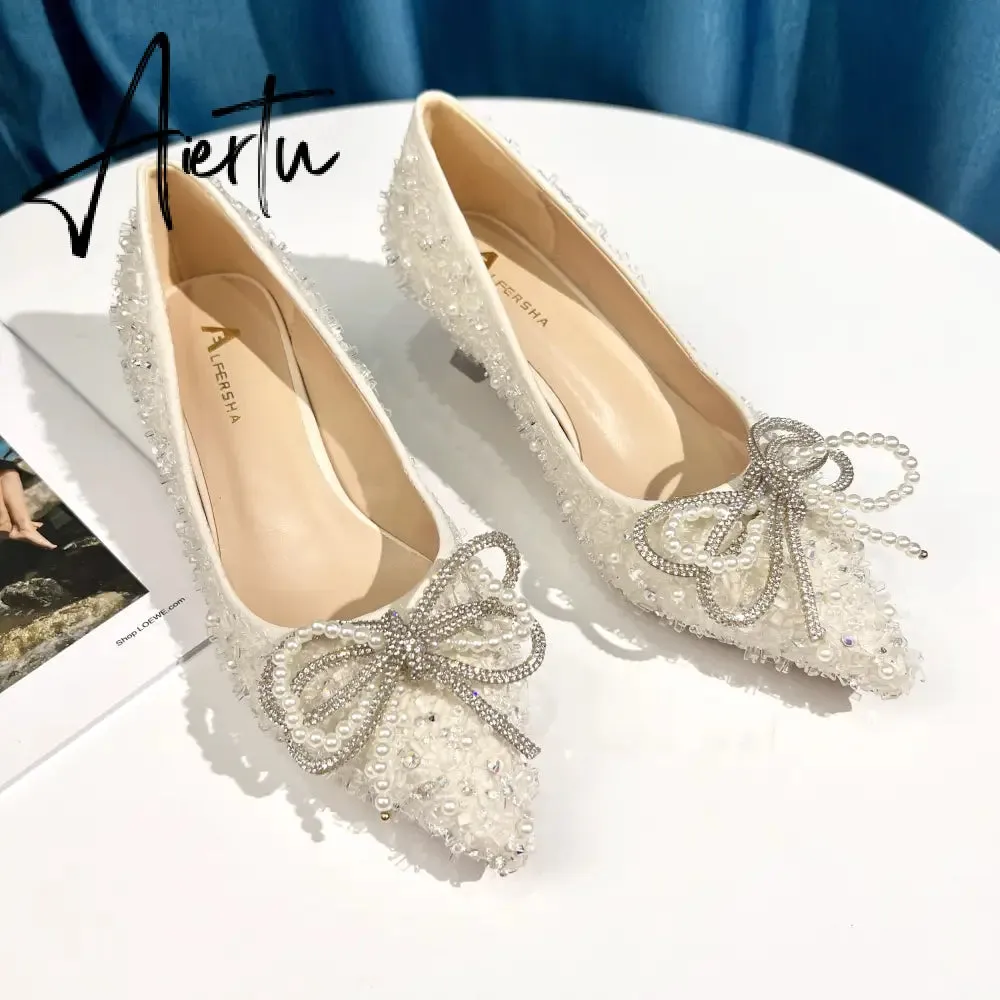 Aiertu  Women Shoes High Heels Thin Heels Slip on Luxury Pumps Mules Elegant Designer Shoes Knot Pointed Toe Fashion Ladies for Wedding