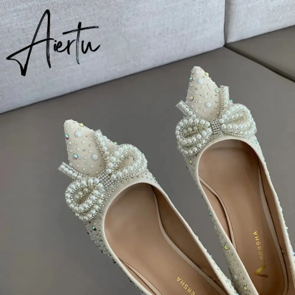 Aiertu  Women Shoes High Heels Thin Heels Slip on Luxury Pumps Mules Elegant Designer Shoes Knot Pointed Toe Fashion Ladies for Wedding