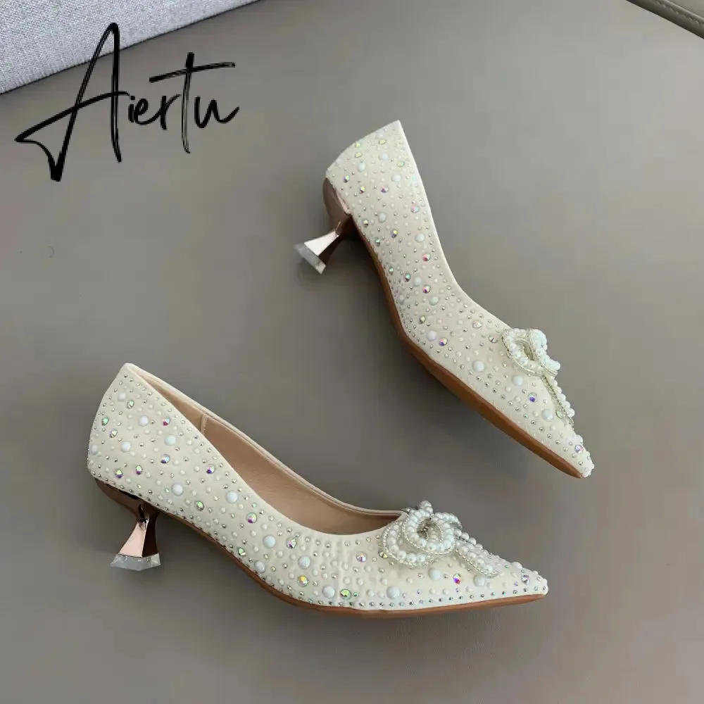 Aiertu  Women Shoes High Heels Thin Heels Slip on Luxury Pumps Mules Elegant Designer Shoes Knot Pointed Toe Fashion Ladies for Wedding