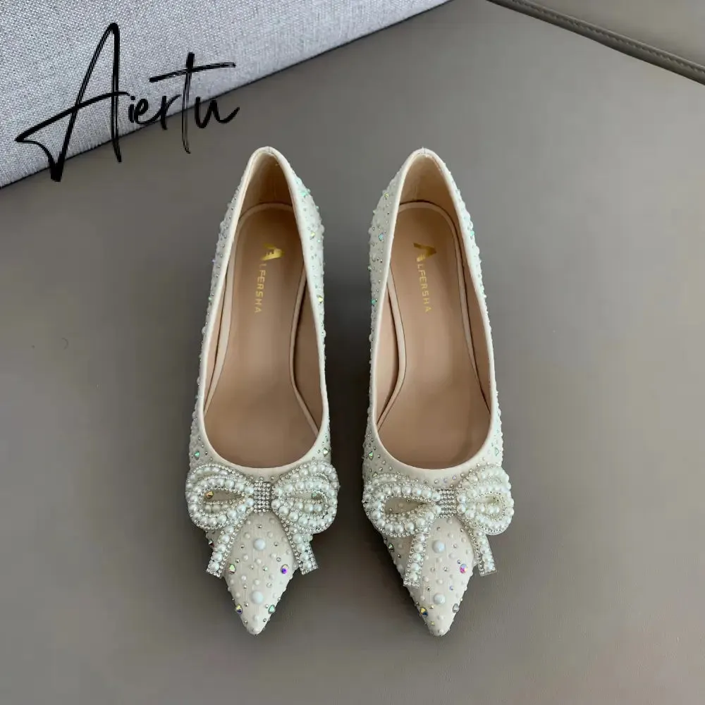 Aiertu  Women Shoes High Heels Thin Heels Slip on Luxury Pumps Mules Elegant Designer Shoes Knot Pointed Toe Fashion Ladies for Wedding