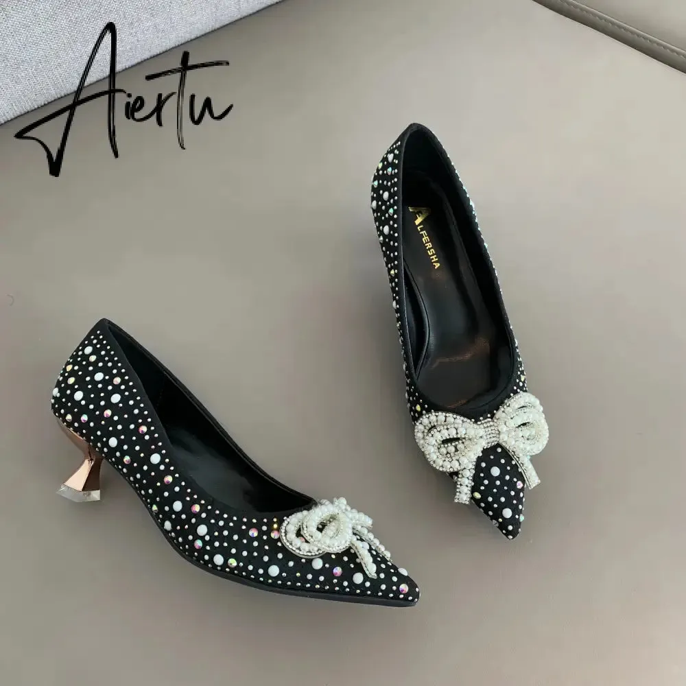 Aiertu  Women Shoes High Heels Thin Heels Slip on Luxury Pumps Mules Elegant Designer Shoes Knot Pointed Toe Fashion Ladies for Wedding