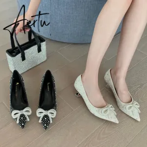 Aiertu  Women Shoes High Heels Thin Heels Slip on Luxury Pumps Mules Elegant Designer Shoes Knot Pointed Toe Fashion Ladies for Wedding