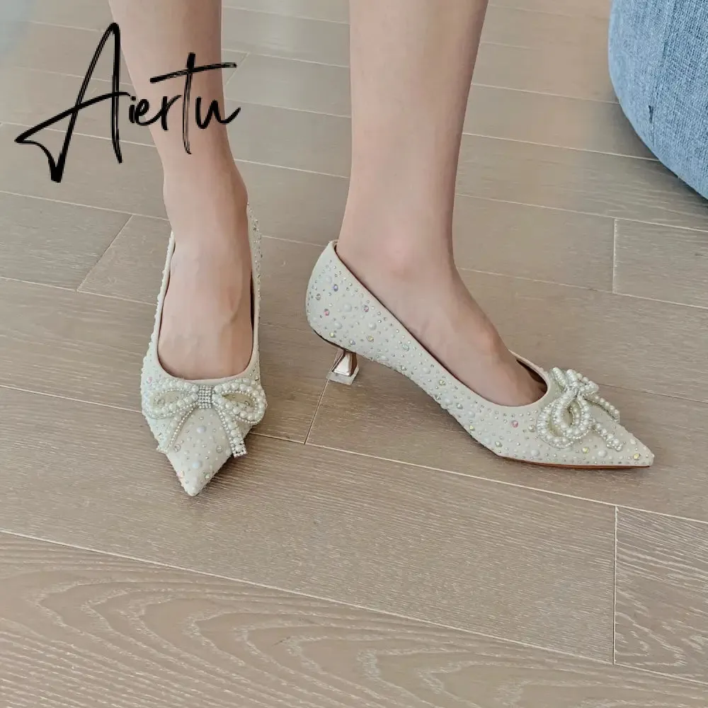 Aiertu  Women Shoes High Heels Thin Heels Slip on Luxury Pumps Mules Elegant Designer Shoes Knot Pointed Toe Fashion Ladies for Wedding