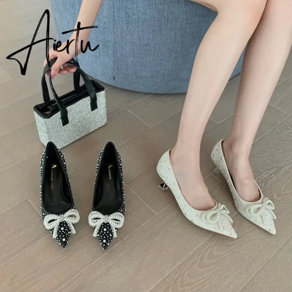 Aiertu  Women Shoes High Heels Thin Heels Slip on Luxury Pumps Mules Elegant Designer Shoes Knot Pointed Toe Fashion Ladies for Wedding