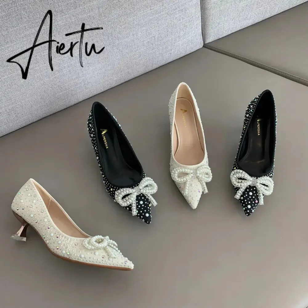 Aiertu  Women Shoes High Heels Thin Heels Slip on Luxury Pumps Mules Elegant Designer Shoes Knot Pointed Toe Fashion Ladies for Wedding