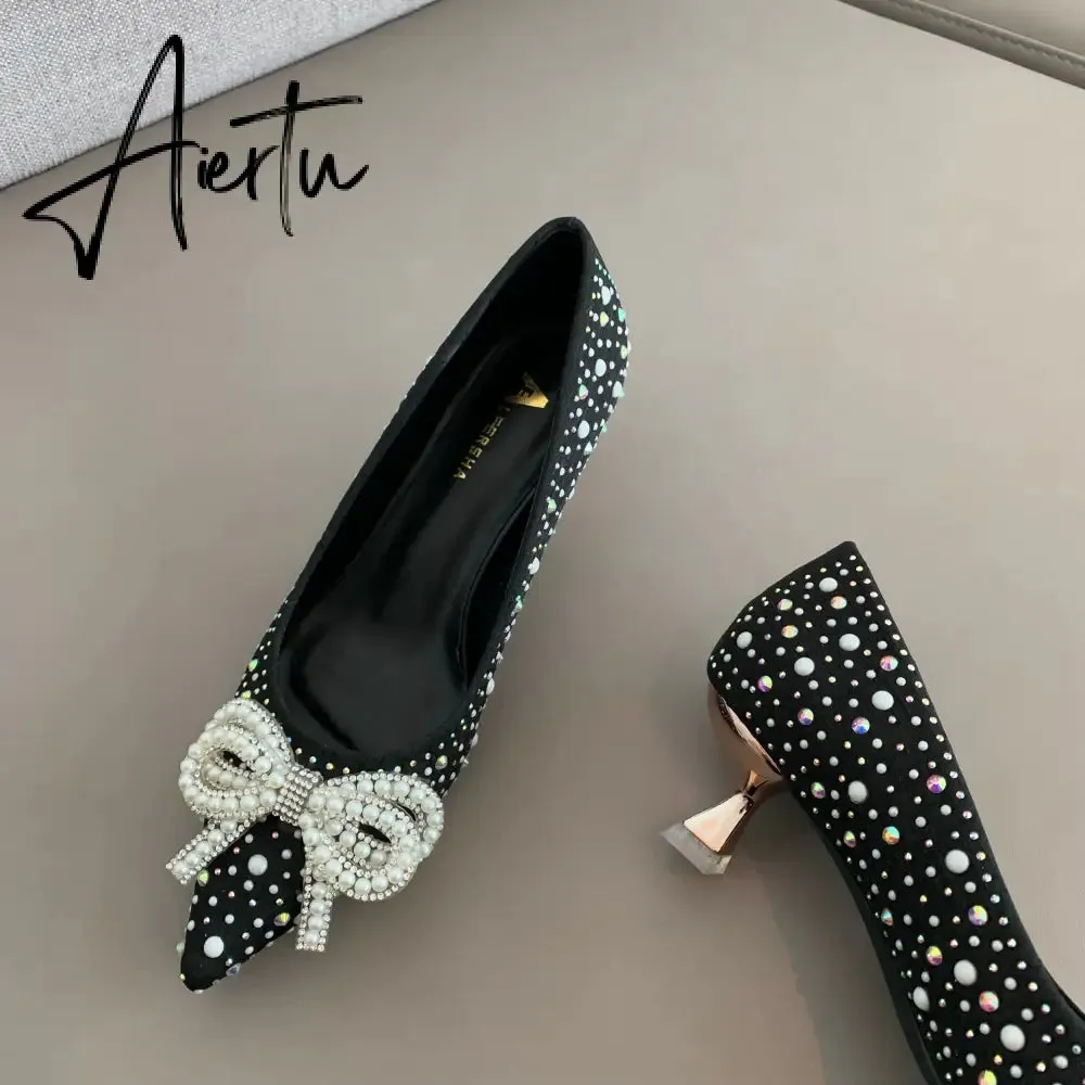 Aiertu  Women Shoes High Heels Thin Heels Slip on Luxury Pumps Mules Elegant Designer Shoes Knot Pointed Toe Fashion Ladies for Wedding
