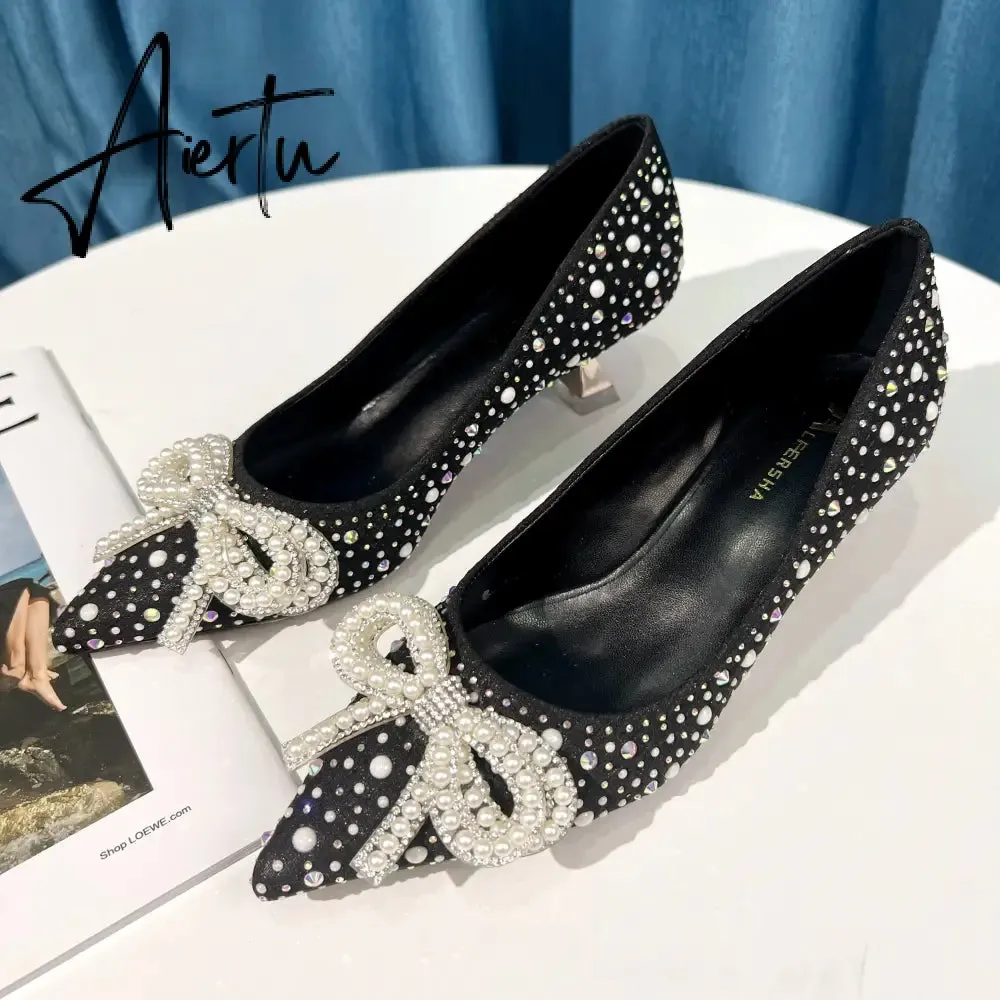 Aiertu  Women Shoes High Heels Thin Heels Slip on Luxury Pumps Mules Elegant Designer Shoes Knot Pointed Toe Fashion Ladies for Wedding