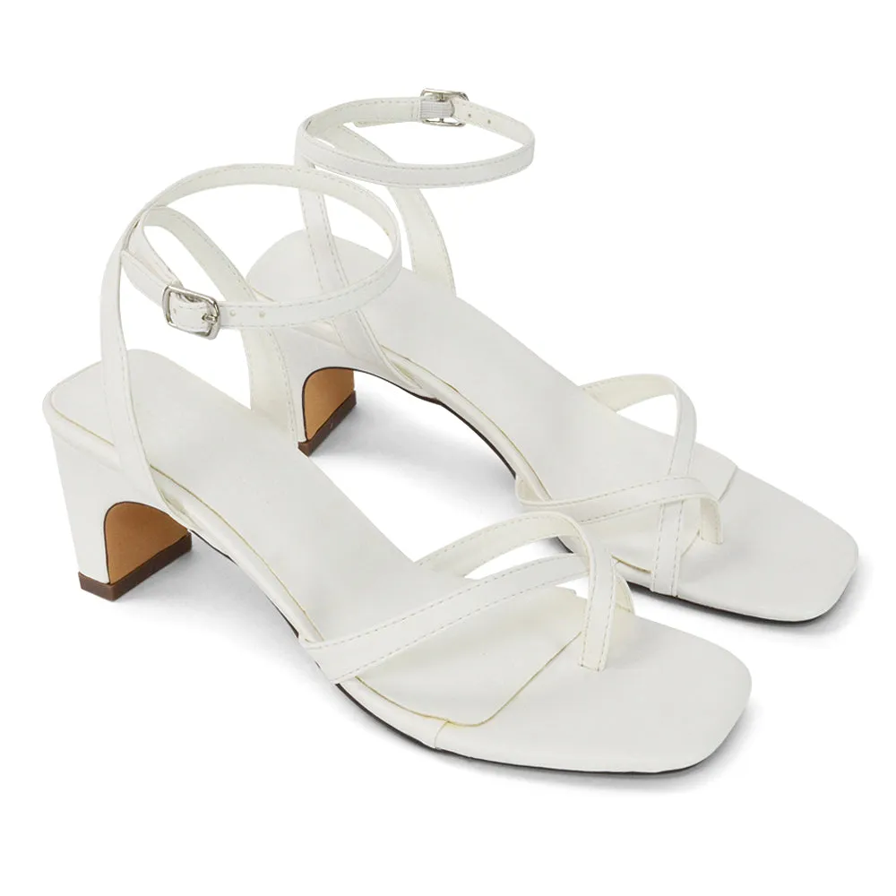 August Toe Post Low Mid-Block Heel Square Toe Ankle Strap Sandals in Mustard Faux Leather