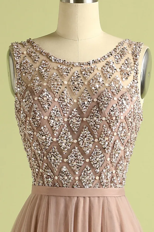 Beautiful Tulle Pink Long Formal Dress with Beading KPP2181