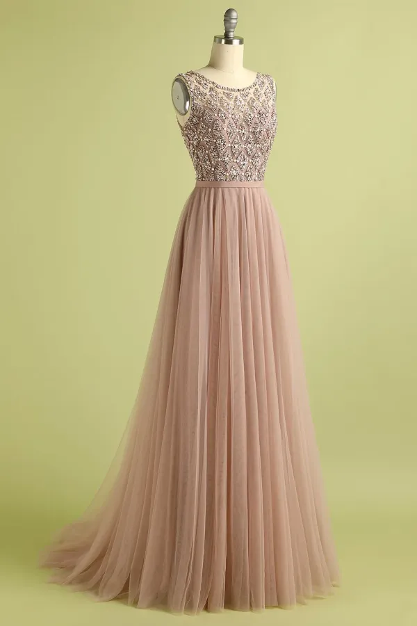 Beautiful Tulle Pink Long Formal Dress with Beading KPP2181