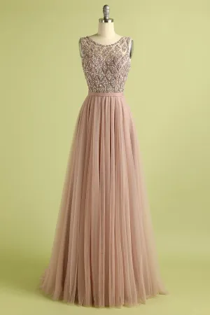 Beautiful Tulle Pink Long Formal Dress with Beading KPP2181
