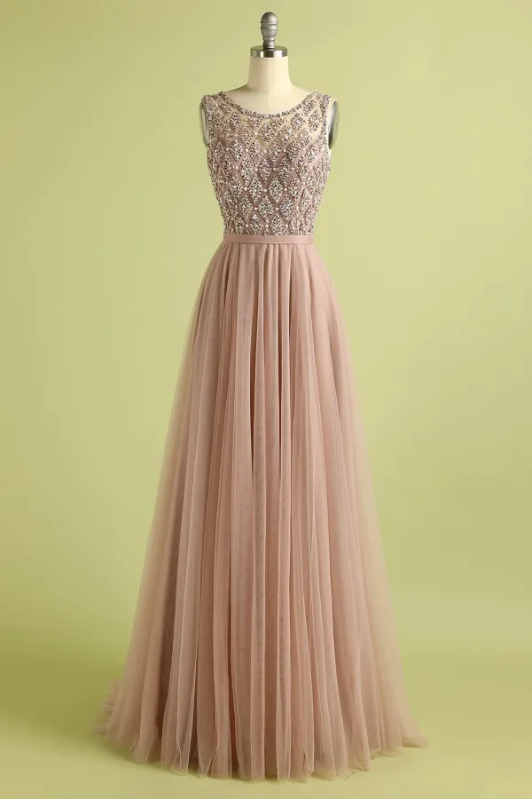 Beautiful Tulle Pink Long Formal Dress with Beading KPP2181