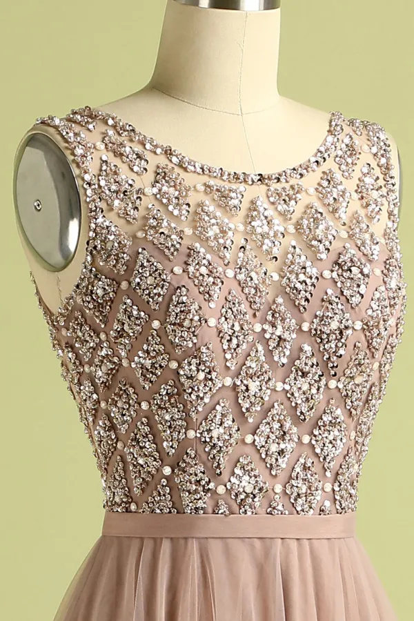 Beautiful Tulle Pink Long Formal Dress with Beading KPP2181
