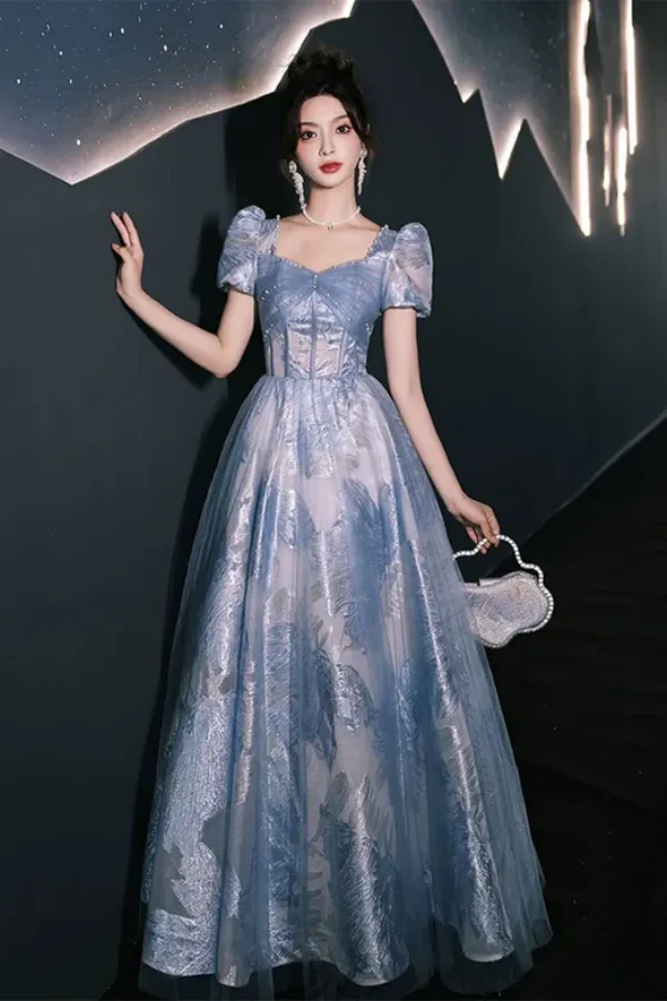 Blue A Line Short Sleeves Party Prom Dress, Floral Evening Dress KPP2163