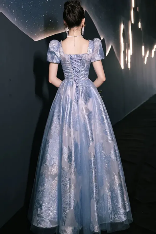 Blue A Line Short Sleeves Party Prom Dress, Floral Evening Dress KPP2163