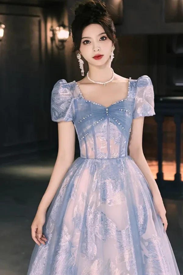 Blue A Line Short Sleeves Party Prom Dress, Floral Evening Dress KPP2163