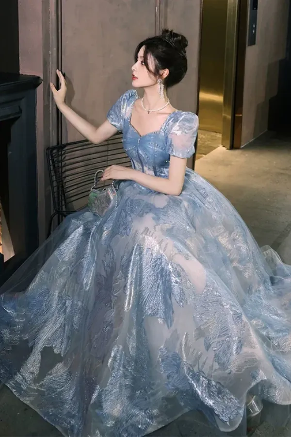 Blue A Line Short Sleeves Party Prom Dress, Floral Evening Dress KPP2163