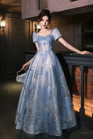 Blue A Line Short Sleeves Party Prom Dress, Floral Evening Dress KPP2163