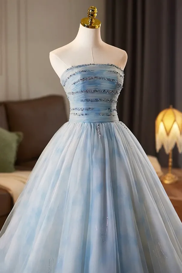 Blue Printed Pattern Tulle Long Prom Dress, A Line Evening Party Dress with Cape KPP2173