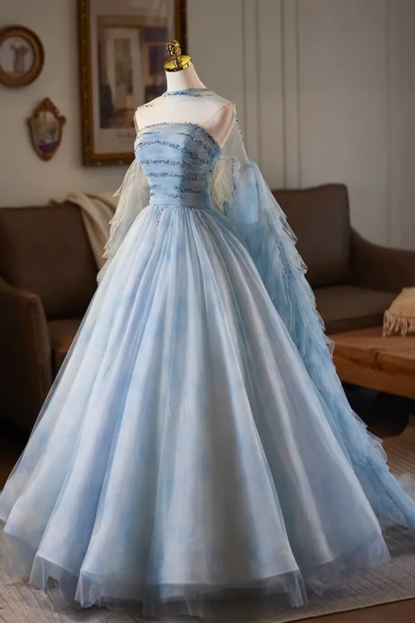 Blue Printed Pattern Tulle Long Prom Dress, A Line Evening Party Dress with Cape KPP2173