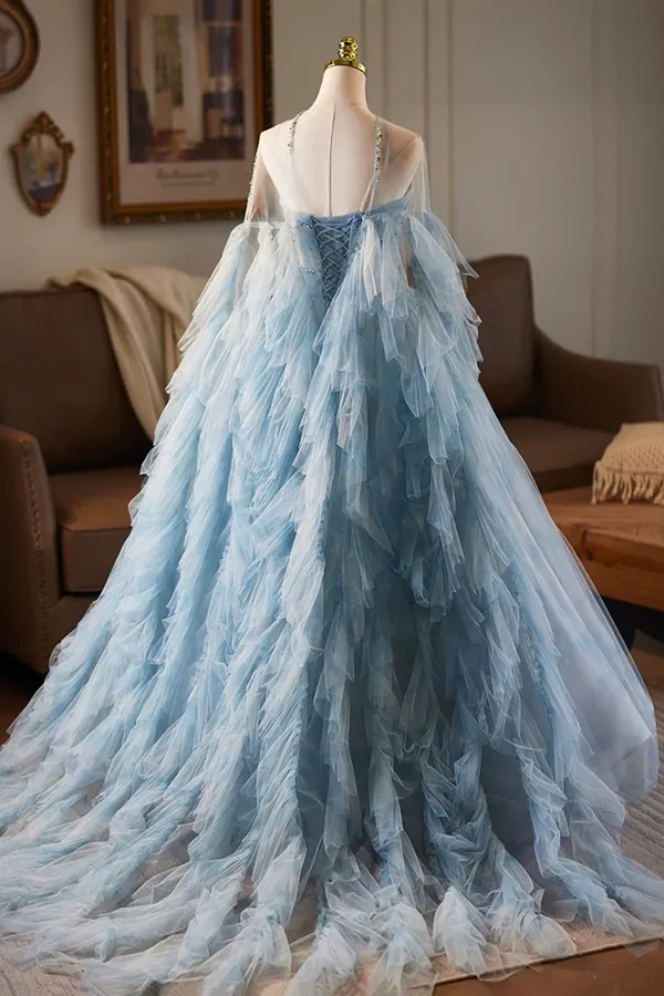 Blue Printed Pattern Tulle Long Prom Dress, A Line Evening Party Dress with Cape KPP2173