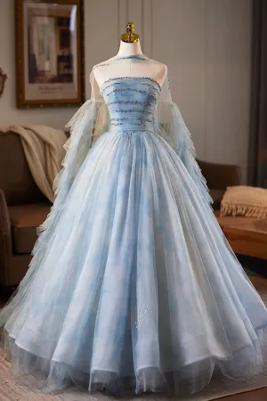 Blue Printed Pattern Tulle Long Prom Dress, A Line Evening Party Dress with Cape KPP2173