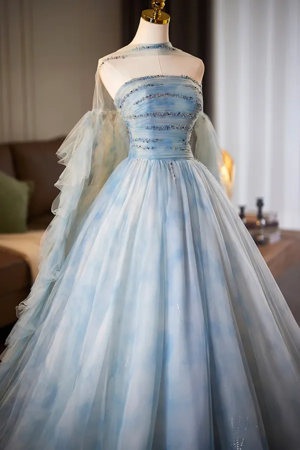 Blue Printed Pattern Tulle Long Prom Dress, A Line Evening Party Dress with Cape KPP2173