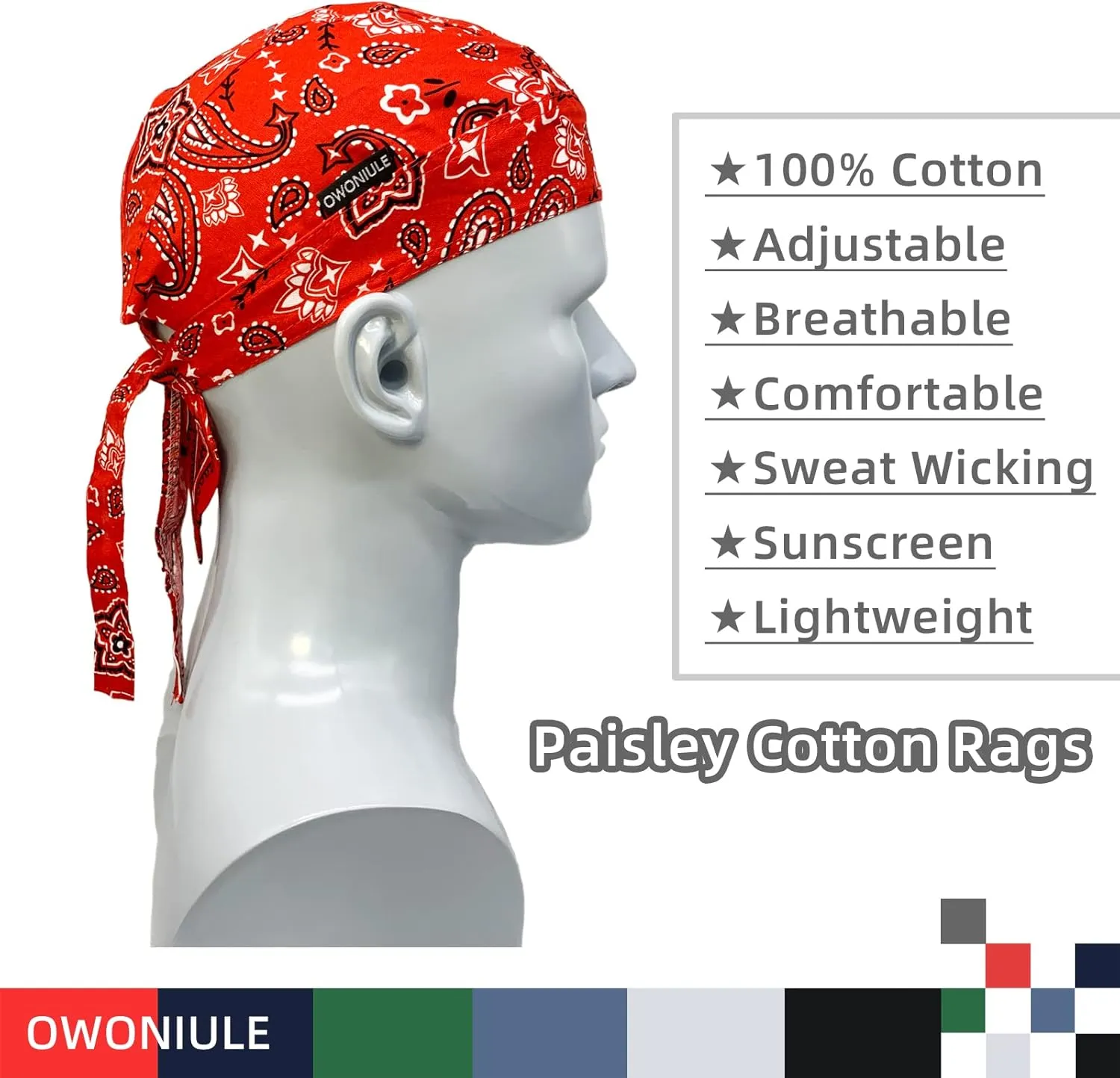 Cotton Doo Rag Skull Cap Sweat Wicking Head Wraps Breathable Helmet Liner Beanie Dew Rags for Men